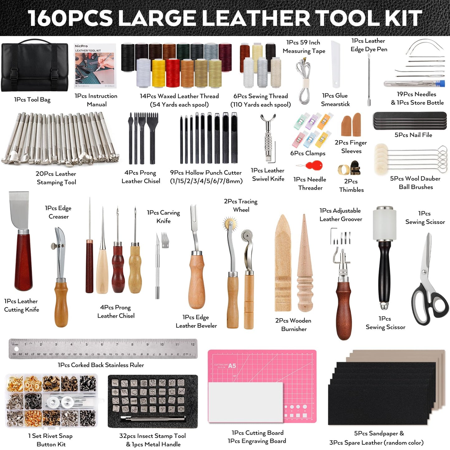Nicpro 160PCS Upgrade Leather Tooling Kit Leather Working Tools Kit with Storage Handbag, Professional Leather Making Craft Tools Kit for Stamping Sewing Carving Cutting Punching Leather Working