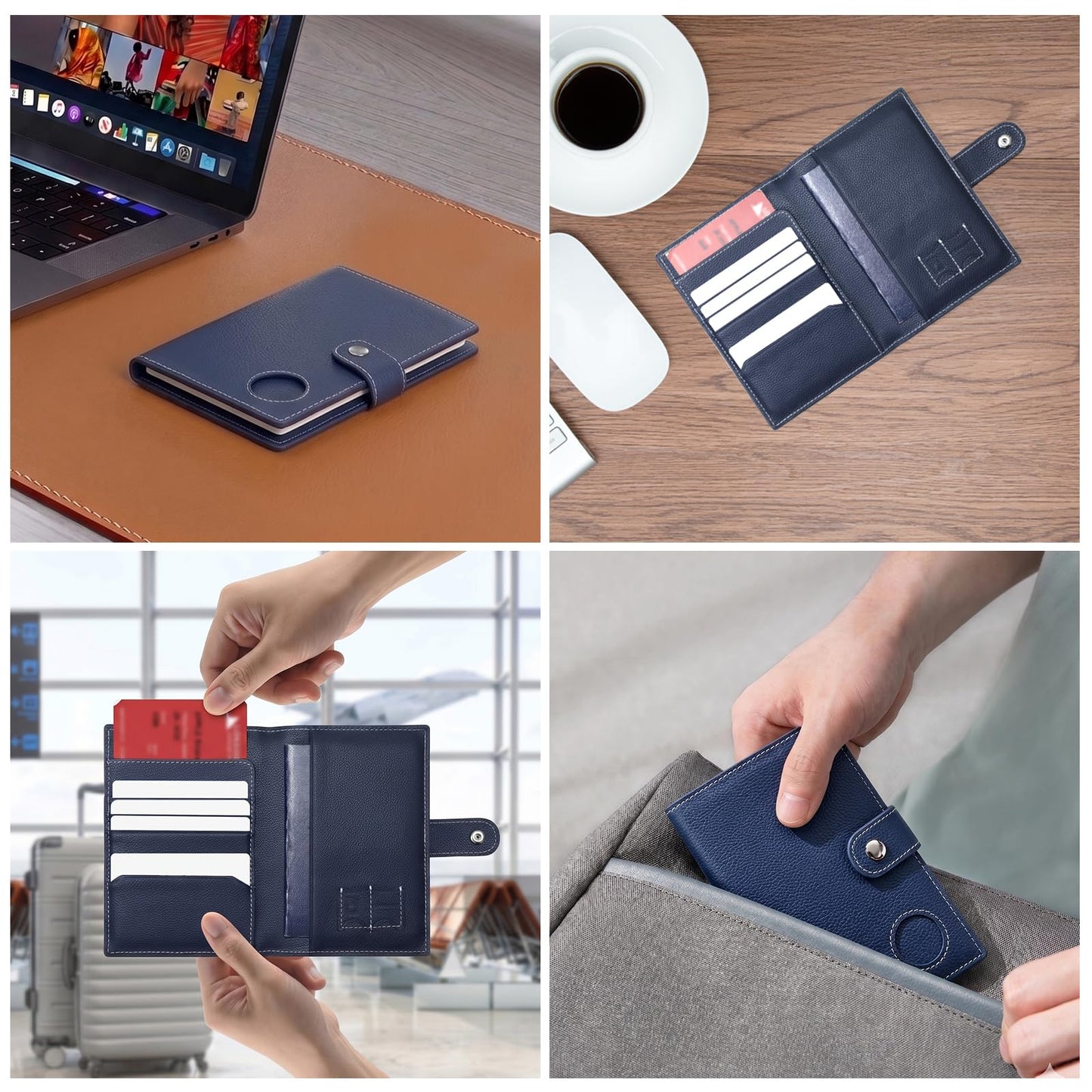 Genuine Leather Passport Holder for Travel, RFID Blocking Passport Wallet with Tracker Holder, Slim Passport Cover Travel Wallet for Women Men, Airport Essentials (Blue)