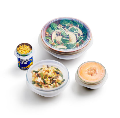 Stasher Premium Reusable Silicone Stretch Lids Variety 4-Pack, Clear, 9, 6.5, 4.5, 2.5, Airtight Seal, Food Container Covers, BPA Free, Leak-free, Dishwasher Safe, Microwave Safe, Eco-Friendly