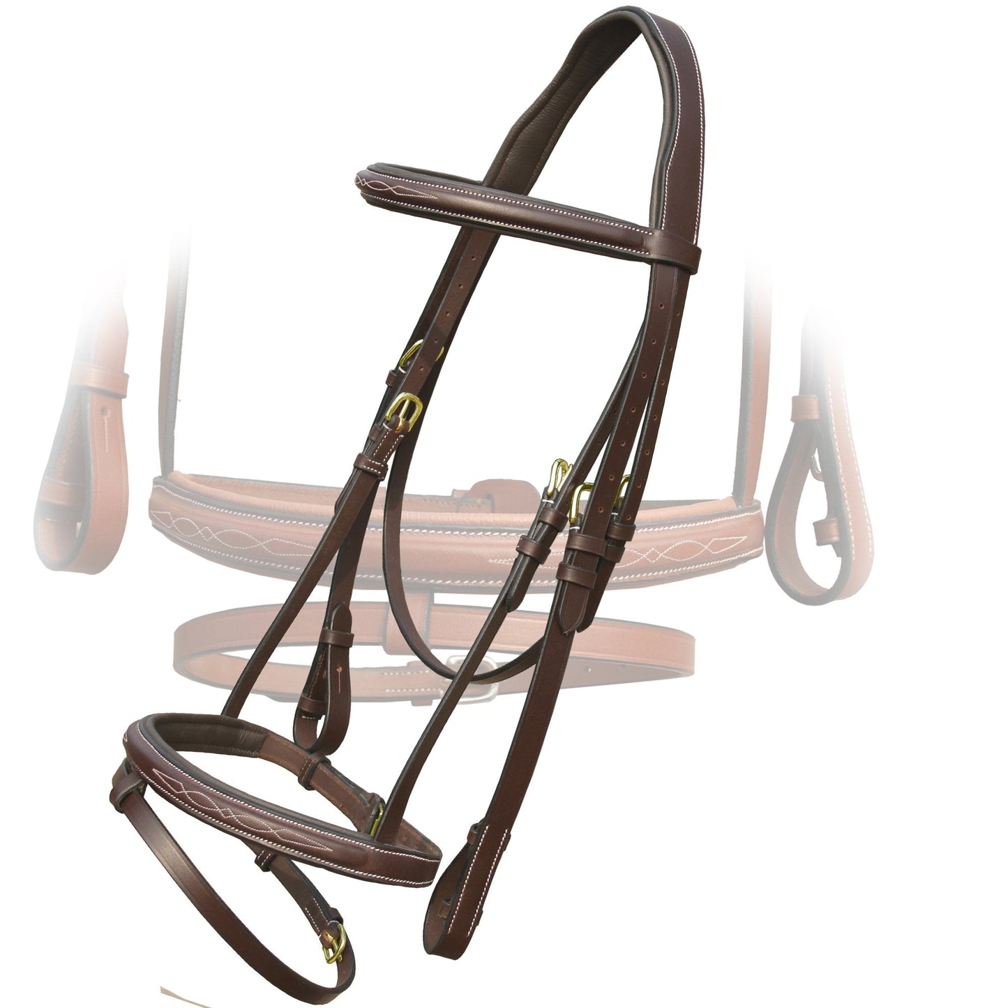 ExionPro Exion English Jumping Bridle with Flash & Rubber Reins – Anatomical Padded Horse Bridle – Premium Leather Designer Stitched Hunter Jumper Tack – Brass Buckles – Pony, Cob, Full, Warmblood