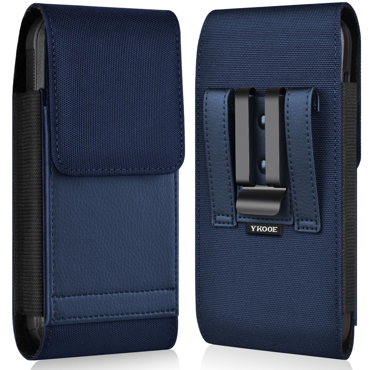 ykooe Holster Compatible with iPhone Pro Max (16 15 14 13 12 11) Galaxy Plus/FE (S25 S24 S23 S22 S21), Nylon Cell Phone Belt Holder Case with Clip and Leather Card Pouch for Men, Blue -L