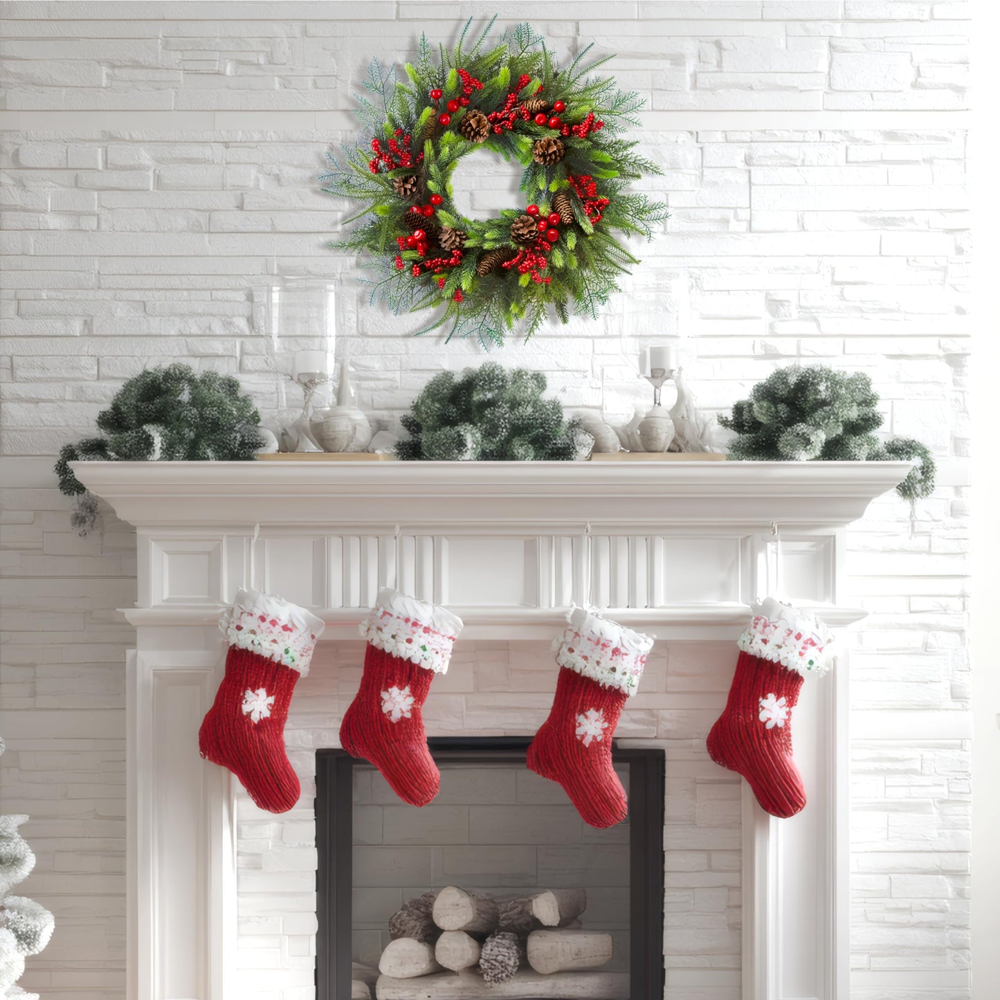 24 Inch Christmas Wreath with Red Berries, Pinecones and Greenery – Artificial Holiday Front Door Cedar Wreath for Farmhouse, Winter Indoor Outdoor Xmas Home Décor