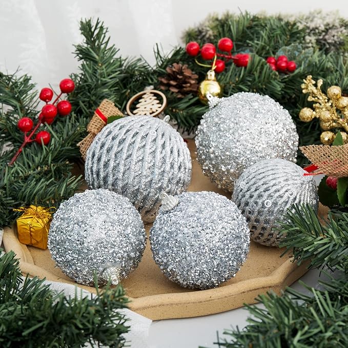 6pcs 3.94" Christmas Ball Ornaments Glitter Shatterproof Christmas Tree Ornaments Sequin Xmas Hanging Balls Decorations for Wedding Party Holiday(Silver, 6pc-10cm)