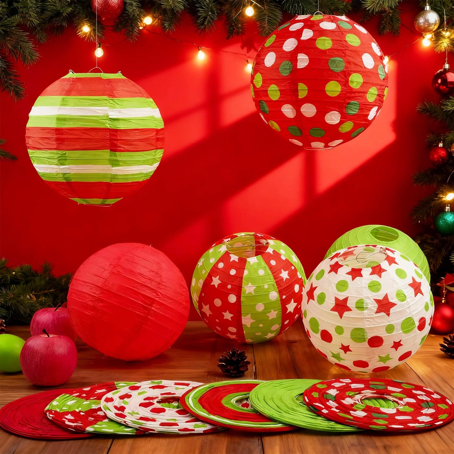 12 Pcs Red Green Christmas Hanging Paper Lanterns 8 Inch Christmas Party Lanterns Indoor Outdoor Decorative for Xmas Holiday Party Baby Shower Birthday