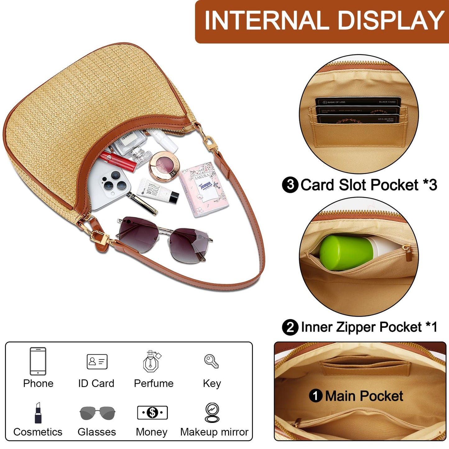 KKXIU Summer Straw Beach Woven Shoulder Bag Vacation Clutch Purses for Women Hobo Tote Handbags ((Brown+khaki)