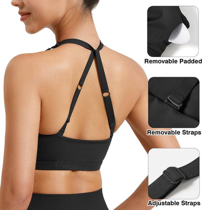 VOYJOY Workout Sports Bras for Women Padded Backless Strappy Fitness Wireless Gym Medium Impact Bra Yoga Crop Top Black L