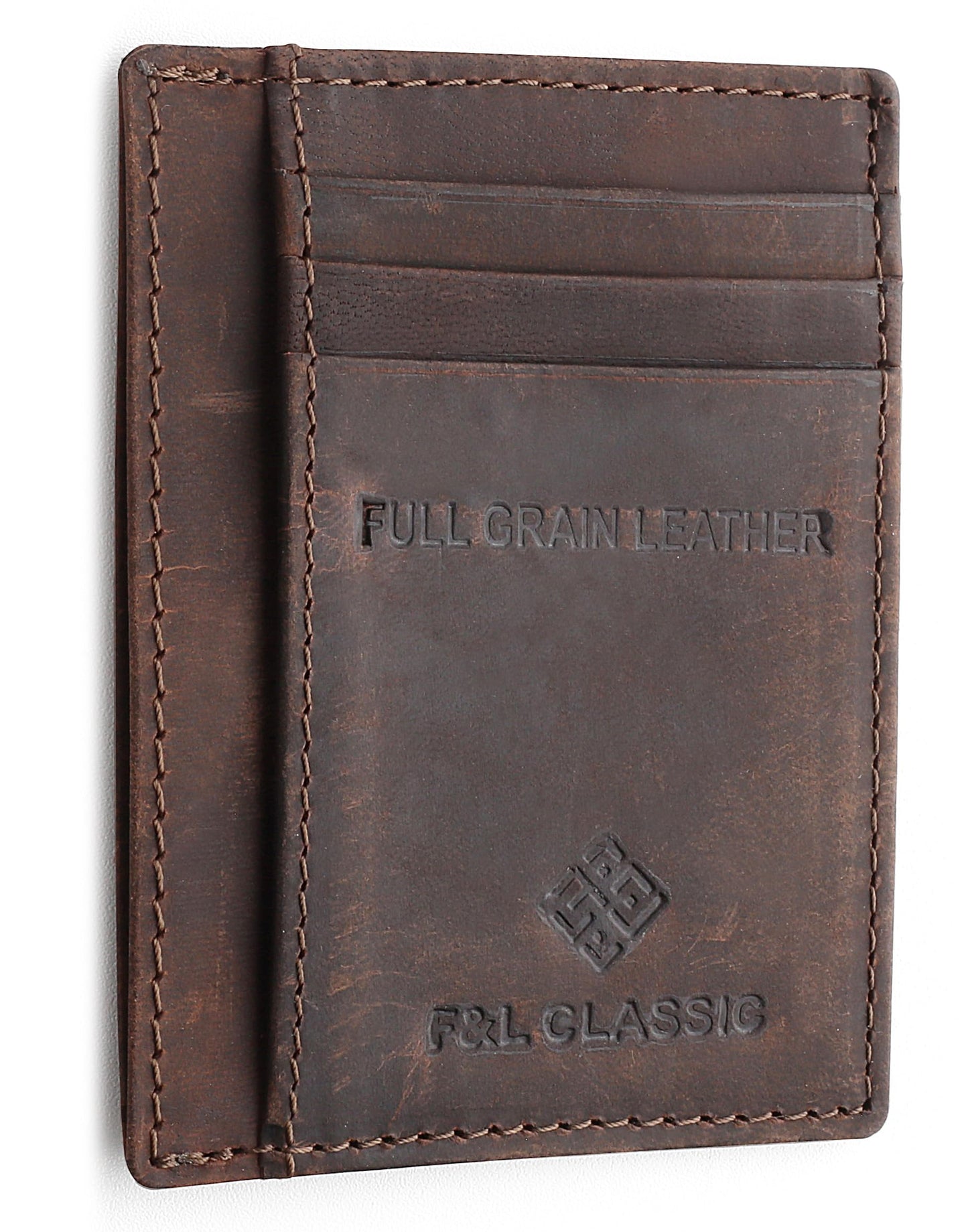 F&L CLASSIC Slim Minimalist Front Pocket leather card holder wallet, for men and women, RFID Blocking, dark brown,10-04