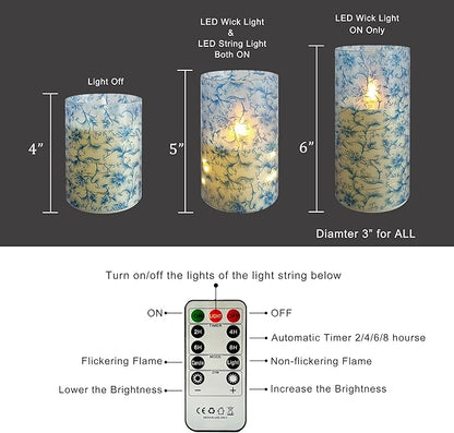 Flickering Flameless Candles Blue Floral Print, Embedded Star String Lights, Battery Operated Acrylic LED Pillar Candles with 11-Key Remote and Timer for Home Decoration, 3 Pack