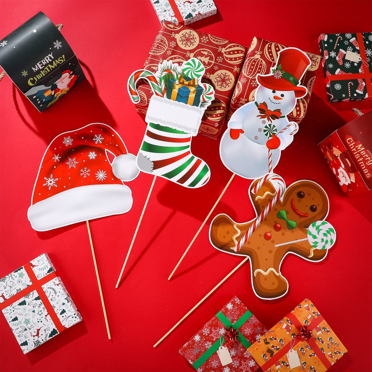 24 Pieces Christmas Picks Snowman Santa Hat Lollipop Gingerbread Christmas Stocking Farm House Cutout on Sticks Vase Filler Crafts Tree Ornament Wreath Holiday Decorations for Christmas Party
