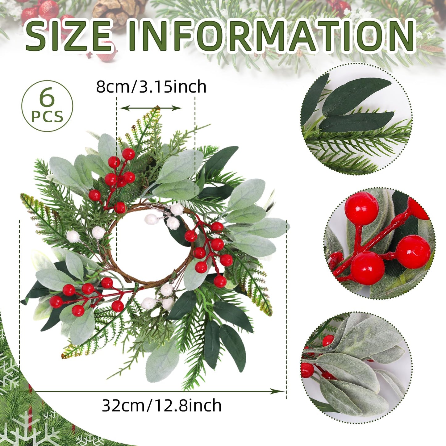 6 Pcs 9'' Mini Christmas Hanging Wreaths Artificial Norfolk Pine Red Berries and Lambs Ear Leaves Small Candle Ring Wreaths for Kitchen Cabinet Farmhouse Front Door Window Xmas (Excluding Ribbons)