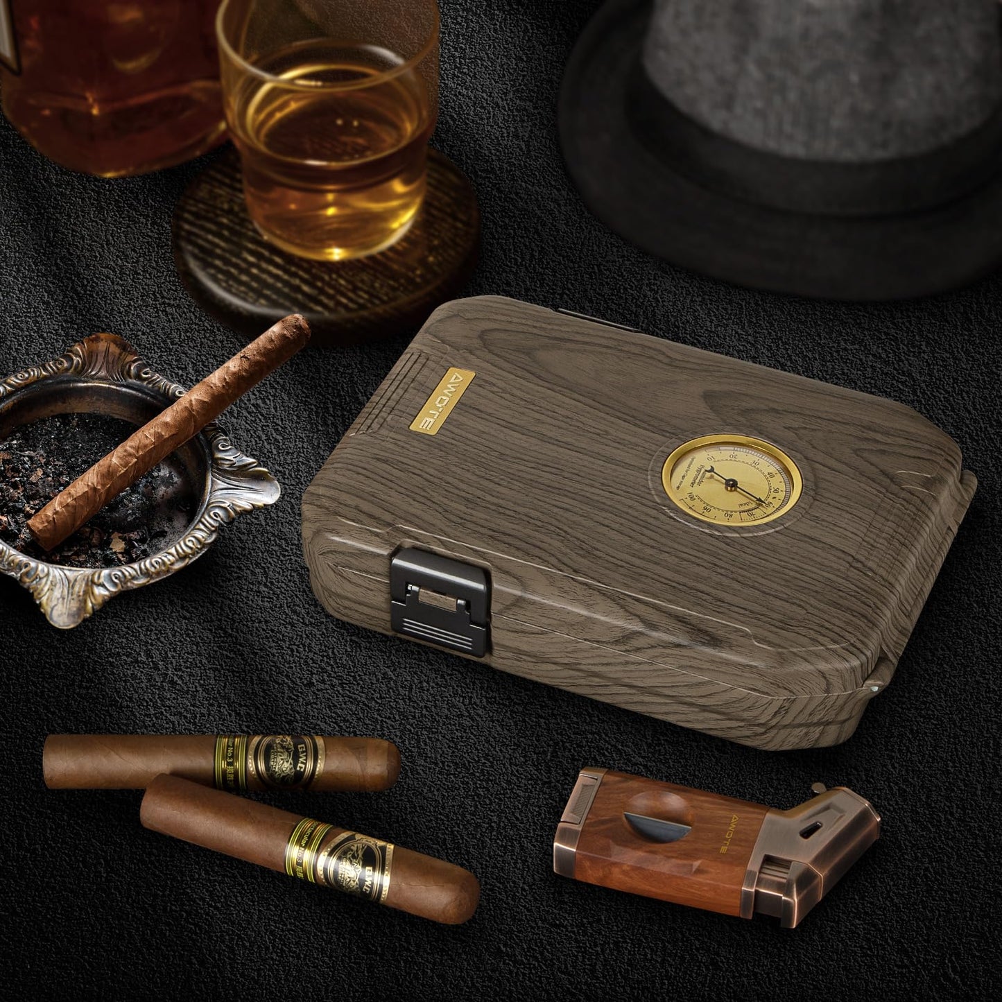 AWOTE Travel Cigar Humidor Case - Cedar Lined, V Cut Cutter, Portable Humidor with Humidifier & Hygrometer, Holds 7-9 Cigars, Includes Lighter - Gift Set