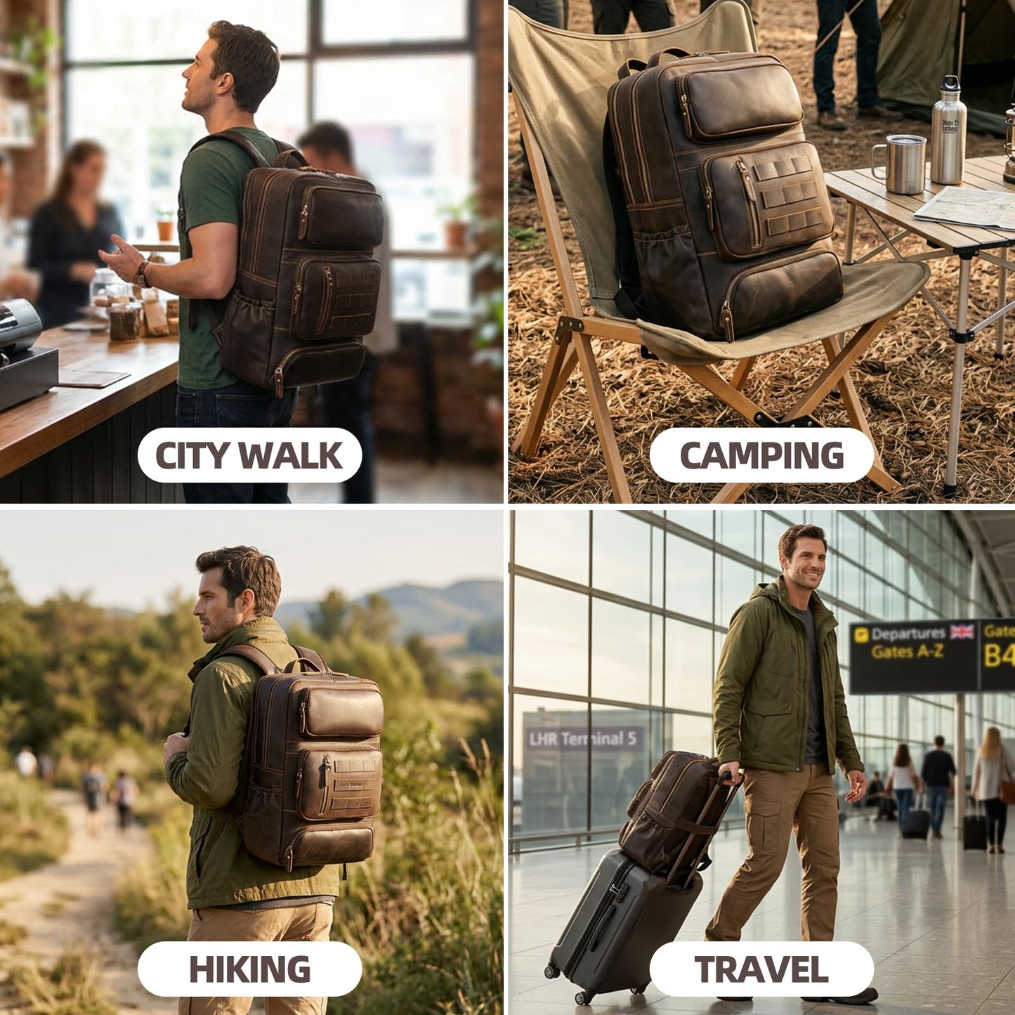 Full Grain Leather Backpack for Men, 17” Laptop Shoulder Bag, Large Capacity Travel Business Rucksack with YKK Zippers, Ergonomics S-Shape Padded Straps, Multi Pockets, Water Bottle Pocket, Brown