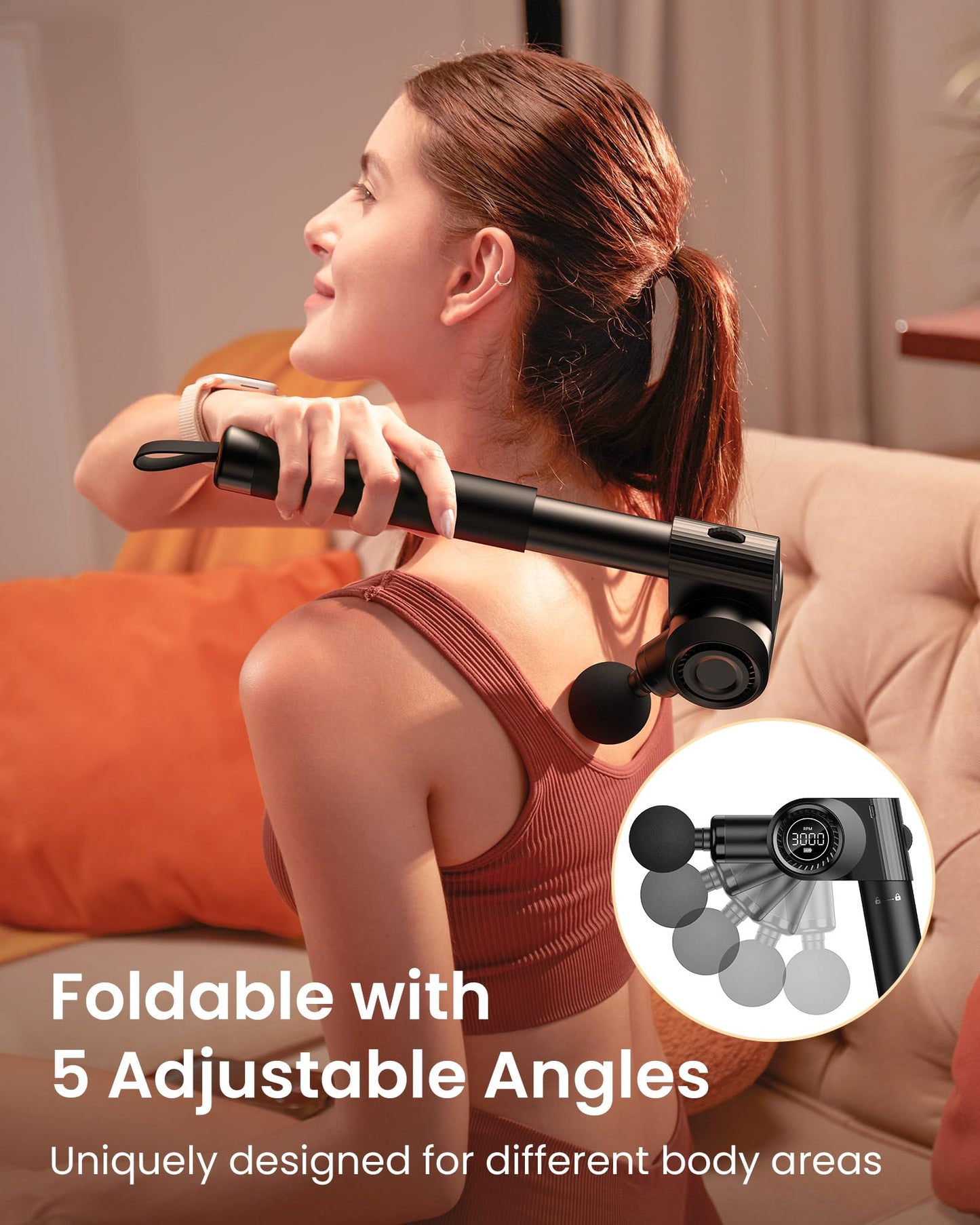 NAPRE Foldable Massage Gun Deep Tissue with 5 Adjustable Angles,Portable Handheld Percussion Back Massager for Muscle/Neck/Body Pain Relief with Long Extension Metal Handle,32-Speeds,with Carry Case