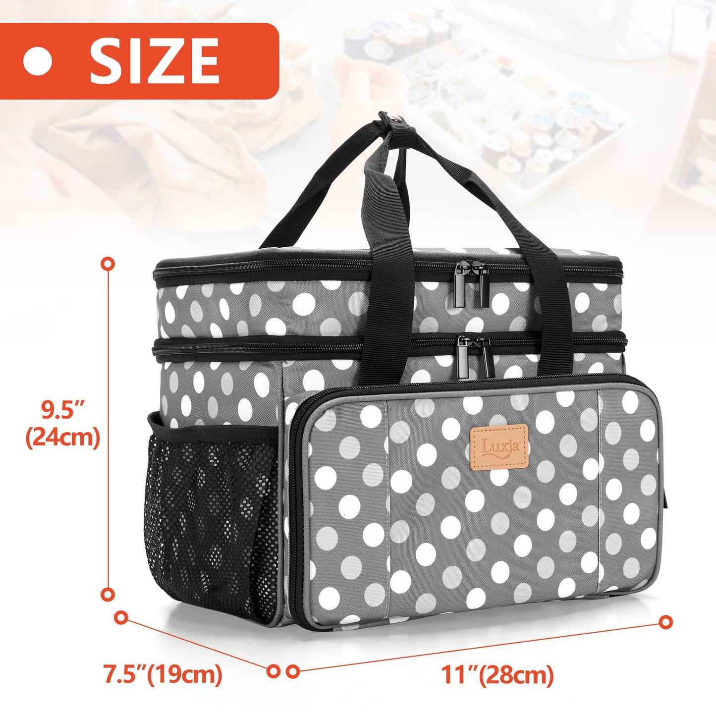 LUXJA Large Sewing Organizer with Many Compartments, 2 Layers Sewing Accessories Organizer with Varisized Pockets for Sewing and Crafting Supplies (Bag Only), Polka Dots