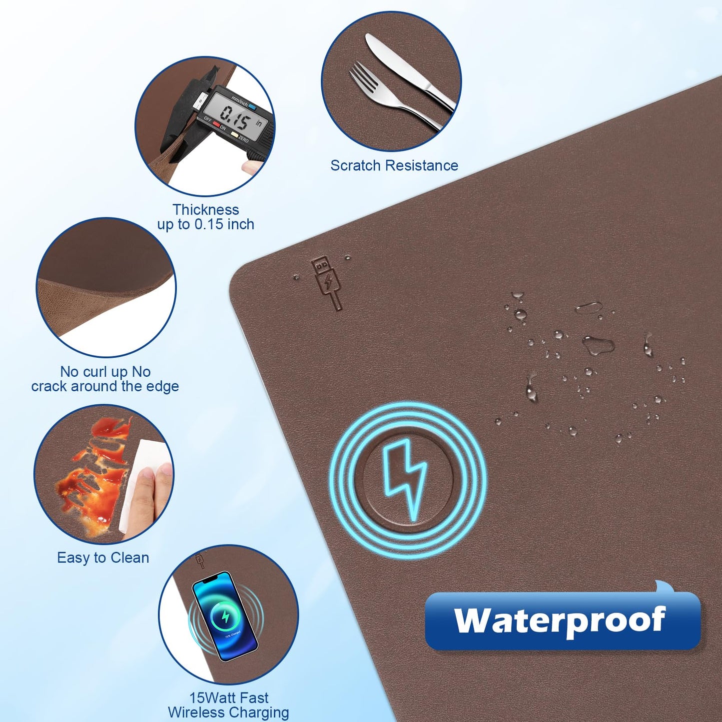 Wireless Charging Desk Mat with Desk Pad for Desktop Charging Large Mouse Pad Waterproof Leather Computer Mat Mouse Pad Non-Slip Protector on Top of Desks for Keyboard and Mouse (brown-l, 32*16inch)