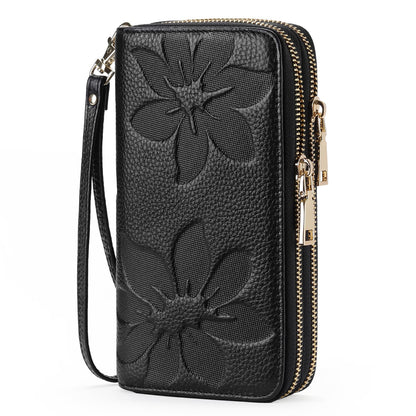 GOIACII Women's Wallet Large Capacity Double Zip Around Credit Card Holder Leather Ladies Wallet with RFID Blocking Phone Wristlet Purse Black