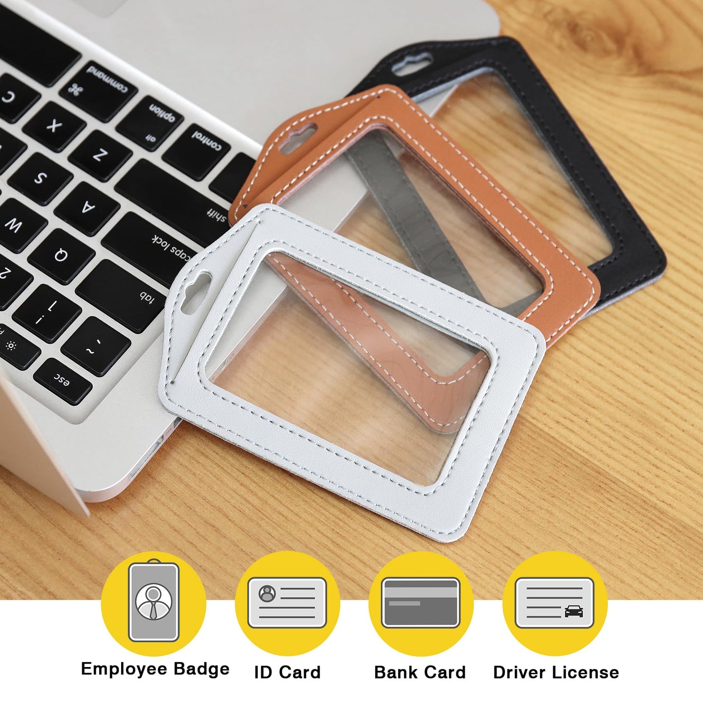 Vividwise 3 Pcs Vertical Leather Badge Holders, Black/Brown/Gray ID Holder for Lanyard, Waterproof Clear Card Holder for School ID Office ID, ID Protector for Women,Men