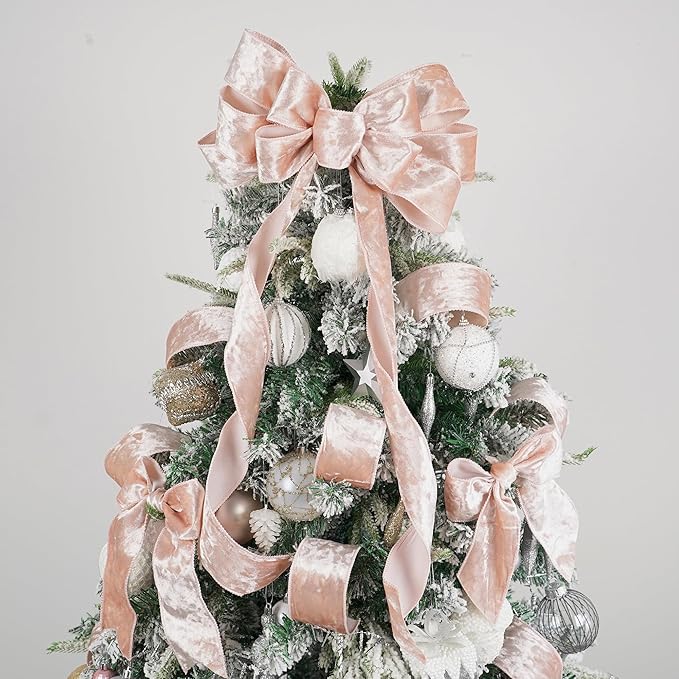 MEEDEE Rose Gold Velvet Wired Ribbon 2.5 Inch - 10 Yards Crushed Velvet for Christmas Tree Decoration, Wreath Supplies, Crafts Bow