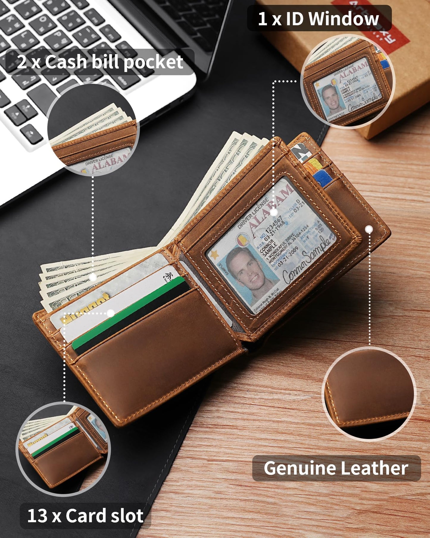 Artpaxy Mens Wallet Bifold Genuine Leather RFID Blocking Wallet for Men with 1 ID Window 13 Card Holders 2 cash pockets 1 Gift Box