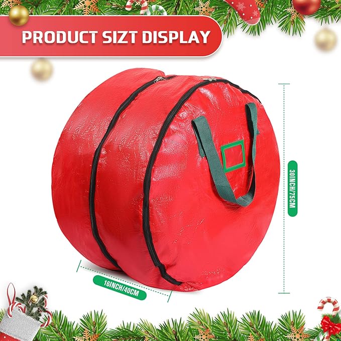 Double Layer Christmas Wreath Storage Container Bag Wreath Storage Pure Color Seasonal Garland Holiday Container Festive Box with Dual Zippers and Handles for Xmas(30 Inch,Red)