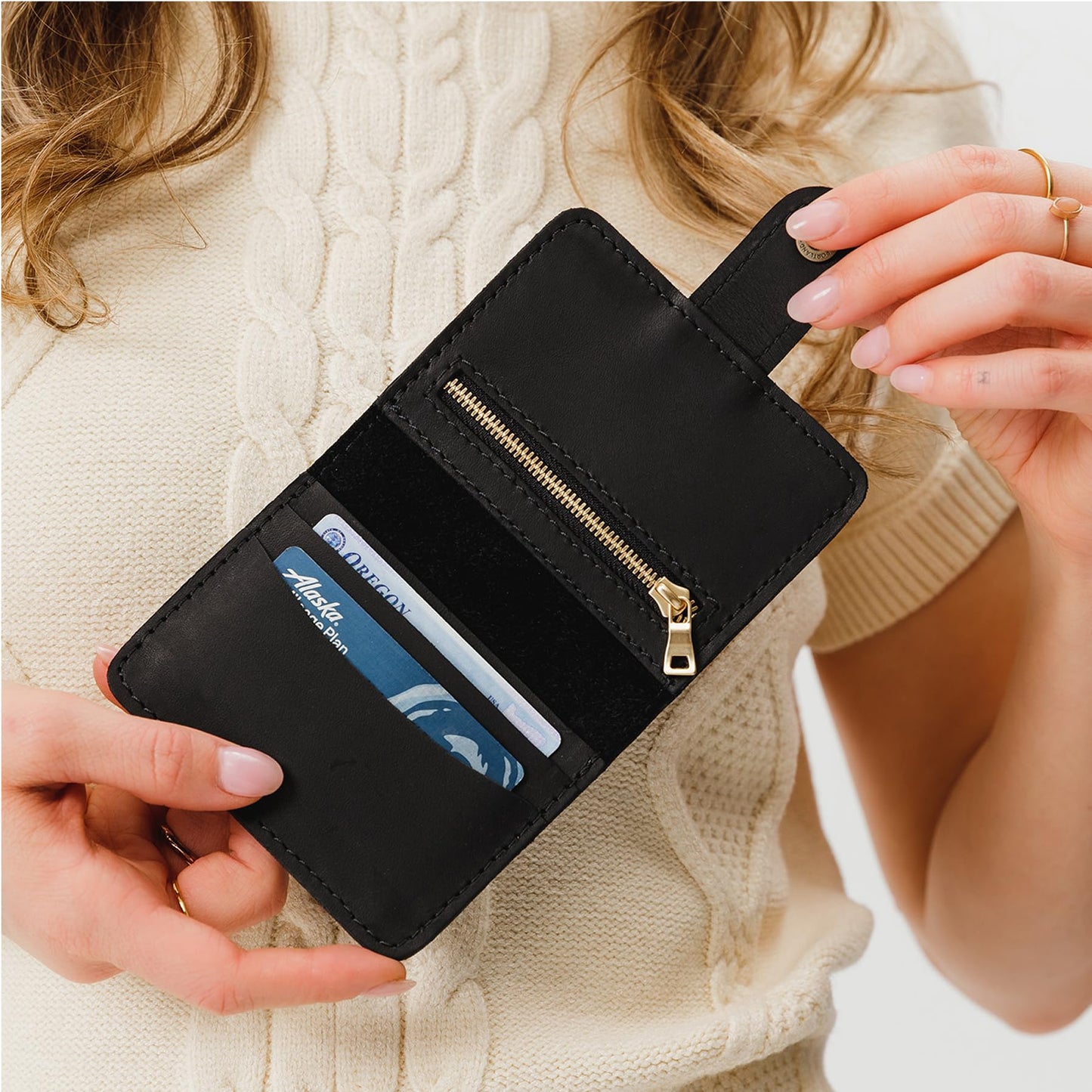 Portland Leather Goods Women's Mini Bifold Wallet – Slim, Palm-Sized Design with Secure Snap Closure, 2 Card Slots, 2 Cash Slots & Zippered Coin Pocket – Black