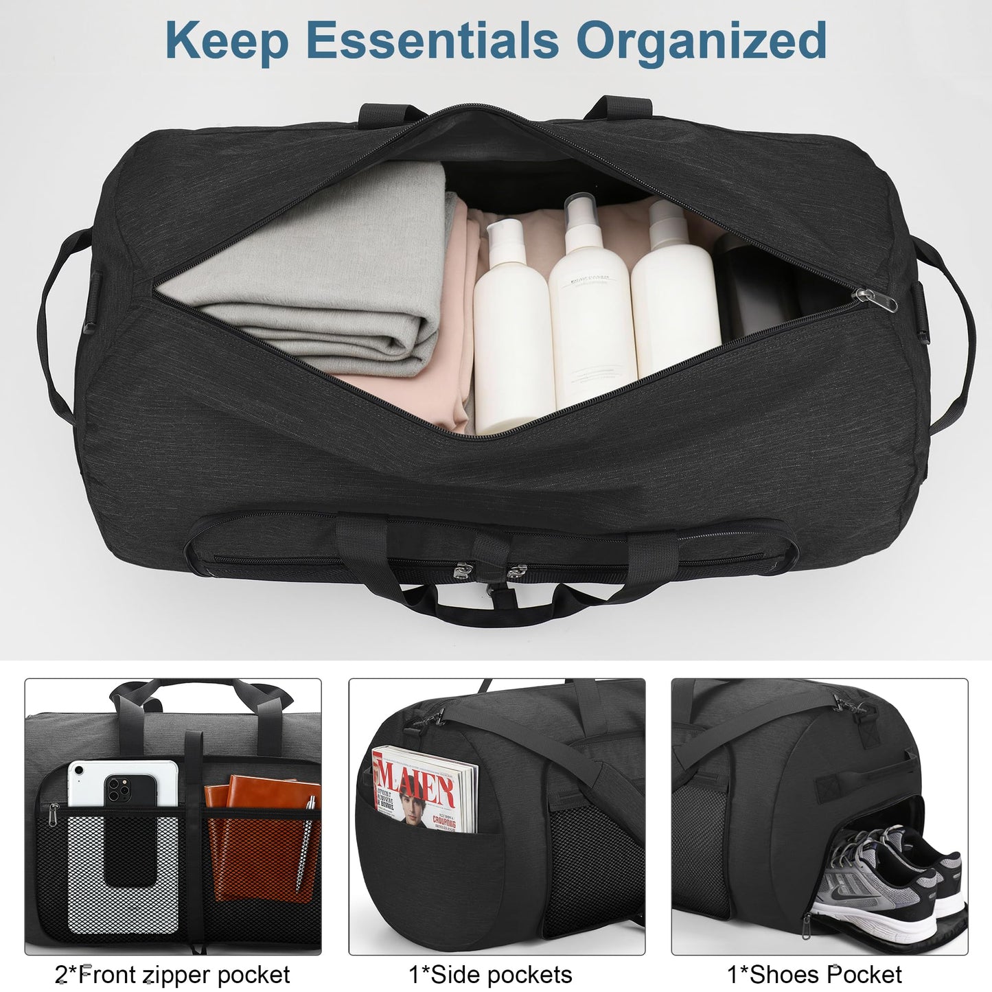 120L Foldable Waterproof Travel Duffel Bag for Men and Women with Shoe Compartment (Black, 120L)