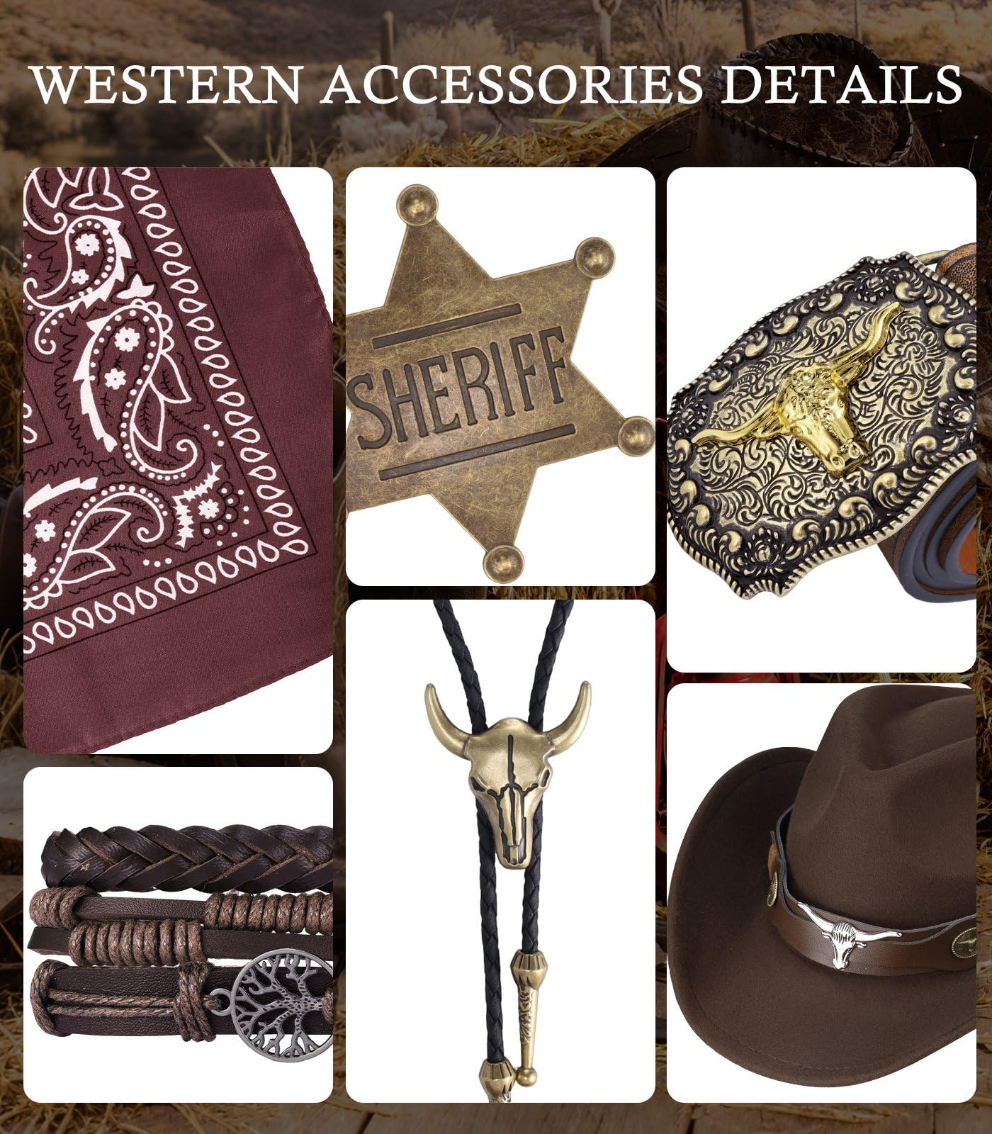 8 PCS Men’s Western Cowboy Costume Set with Cow Vest & Hat Retro Accessories Halloween Party Cosplay Darkbrown-L