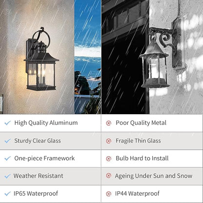 Outdoor Lanterns, 21.5" H Large Exterior Sconce Lights, 2-Light Black Outdoor Wall Light Fixtures with Clear Glass for Porch Patio Farmhouse
