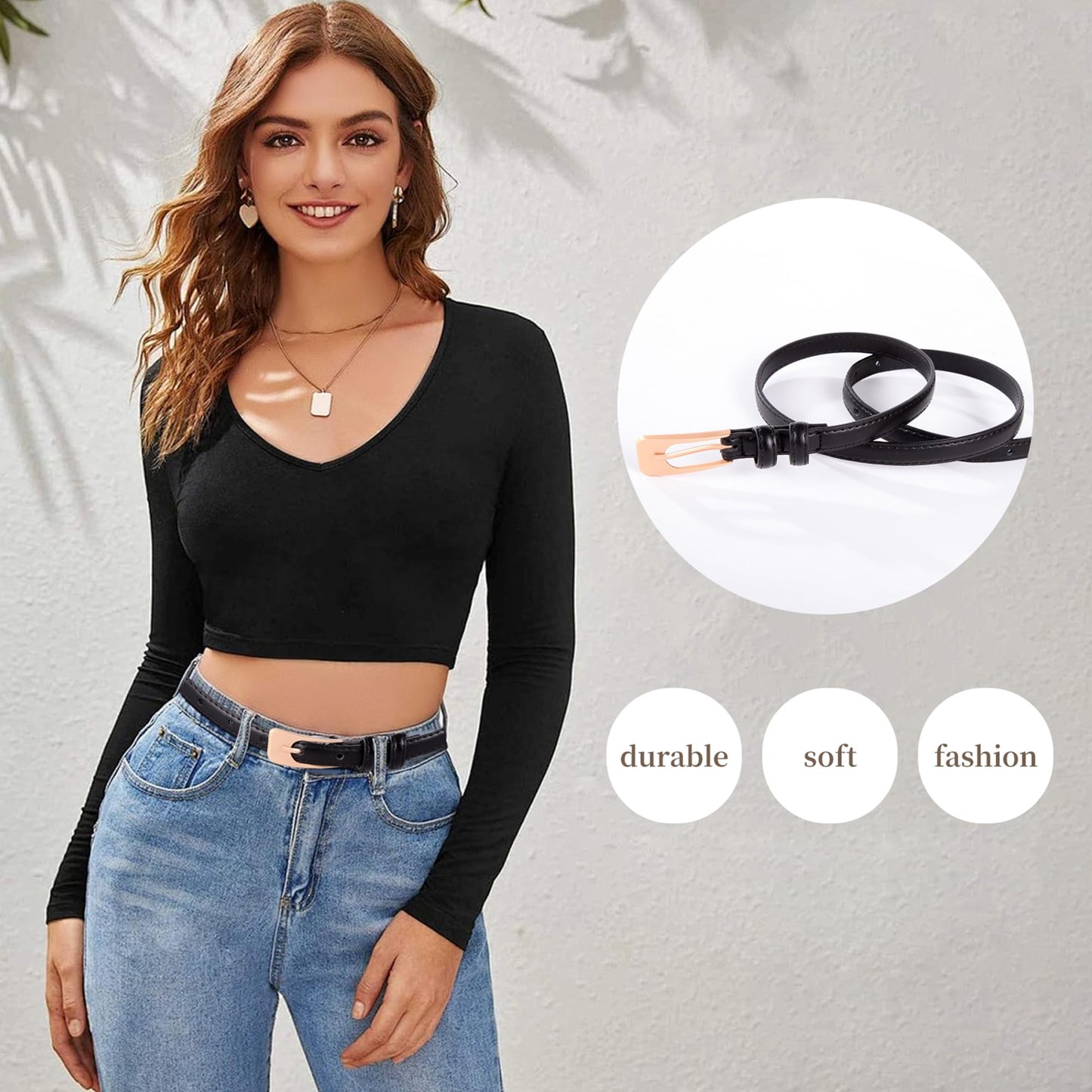 KONQUWA Women Leather Belt Casual Fashion ladies Skinny Belt for Jeans Coats Pant Dress Waist Belt with Gold Buckle(Black/Gold Buckle,26″-32″)