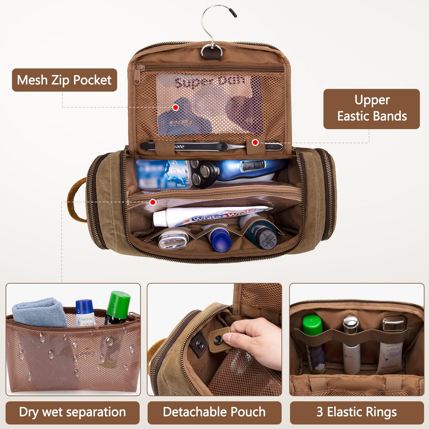 Yarwo Hanging Toiletry Travel Bag for Men, Waxed Canvas Men Dopp Kit Hygiene Bag with Detachable Zipper Pouch, Water-resistant Shaving Storage Bag for Razor and Travel Essentials, Xmas Gift for Man