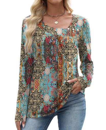 OFEEFAN Long Sleeve Shirts for Women Fall Clothes Asymmetric Square Neck Tunic Tops Decorative Buttons