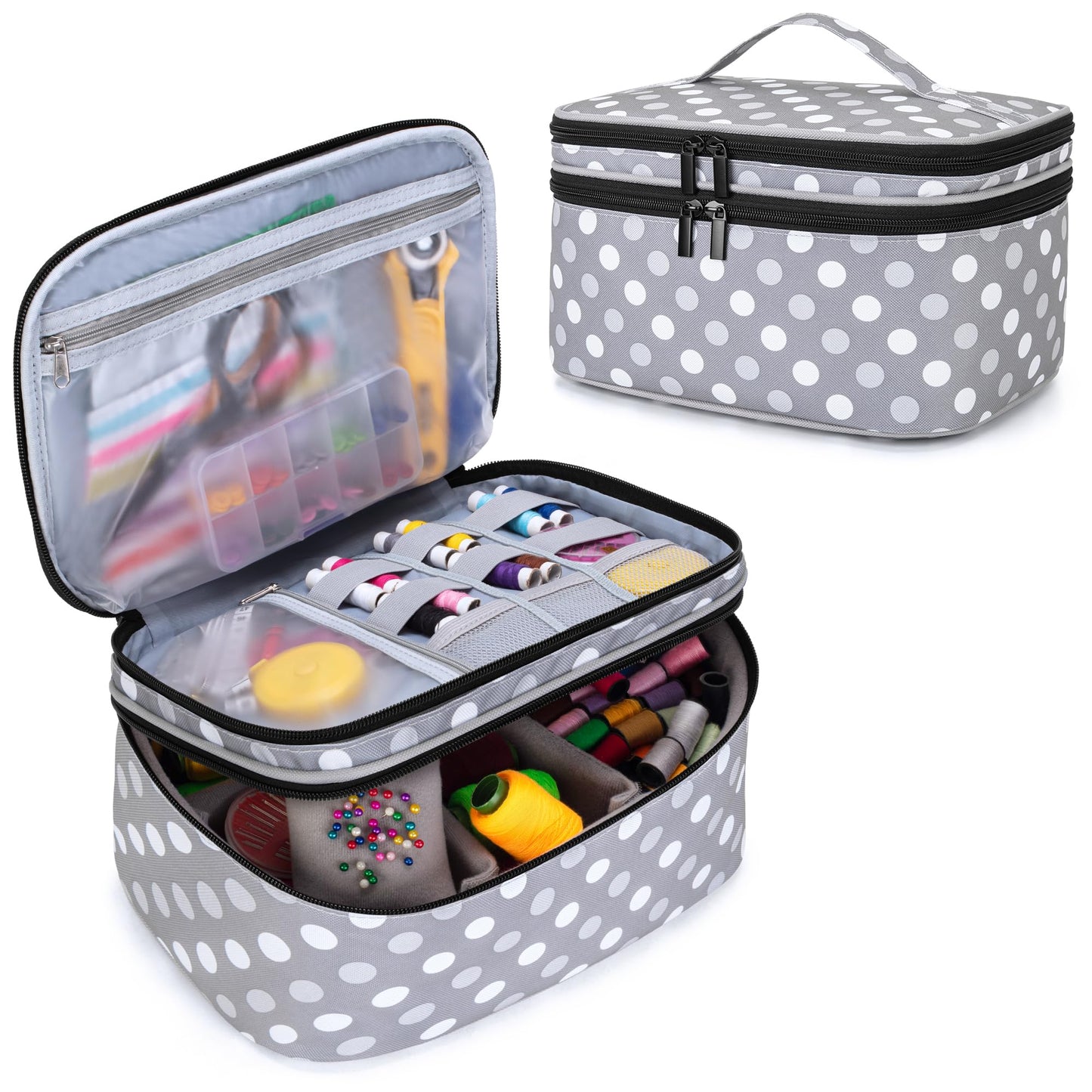 Luxja Double-Layer Sewing Accessories Organizer, Sewing Supplies Organizer for Needles, Thread, Scissors, Measuring Tape and Other Sewing Tools, Large/Polka Dots
