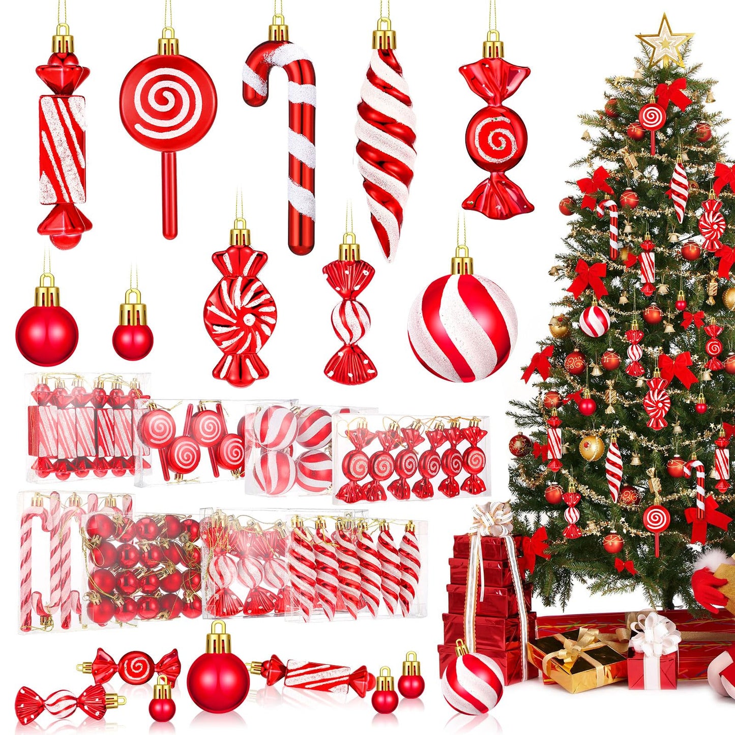 96 Pcs Christmas Tree Ornaments Candy Ball Ornaments Bulk Red and White Hanging Glitter Candy Cane Decorations Christmas Tree Peppermint Swirl Lollipop Decorations for Xmas Party Family Decor
