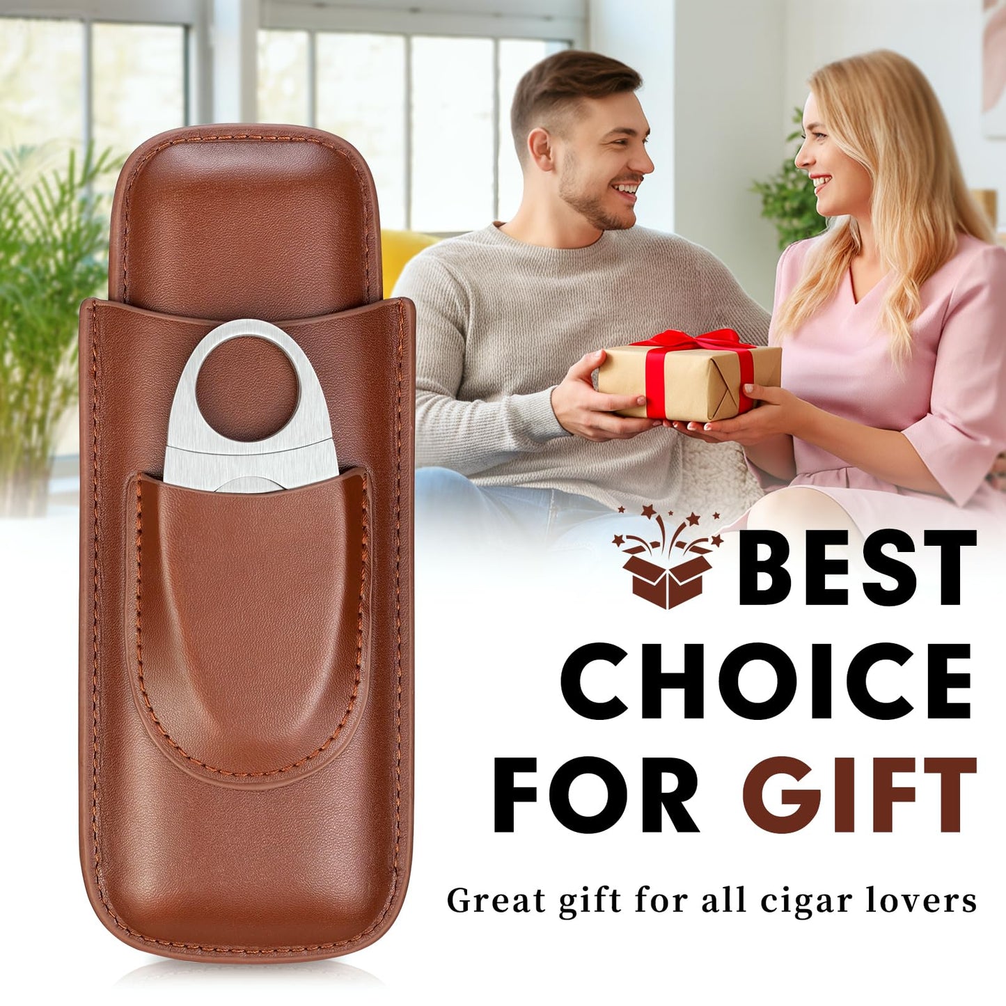 cgaplus 2-Finger Leather Cigar Case with Cutter Cedar Wood Lined Cigar Humidor Portable Travel Cigar Case(Brown)