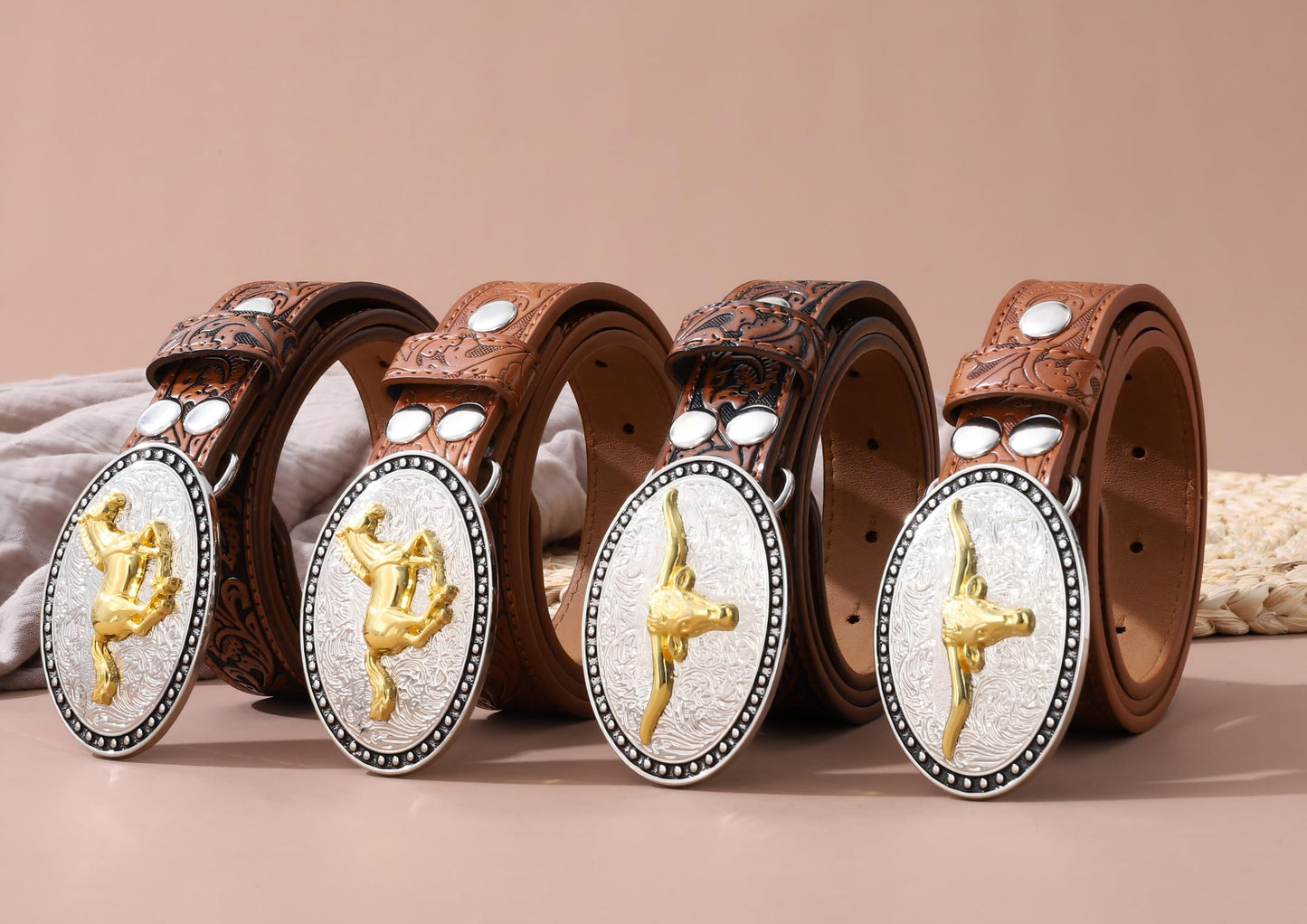 AWAYTR Kids Western Belt with Detachable Buckle - PU Leather, 3 Sizes (23"-34.5"), Adjustable for Daily Wear & Halloween (Cow Buckle-Dark Brown, Fit Waist: 26.5"-30")