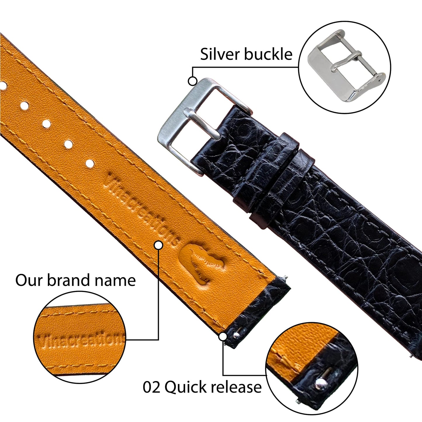 vinacreations 19mm Black Flat Alligator Belly Leather Watch Band Men Quick Release Slim Crocodile Exotic Replacement Wristwatch Strap Premium Handmade DH-21-19MM
