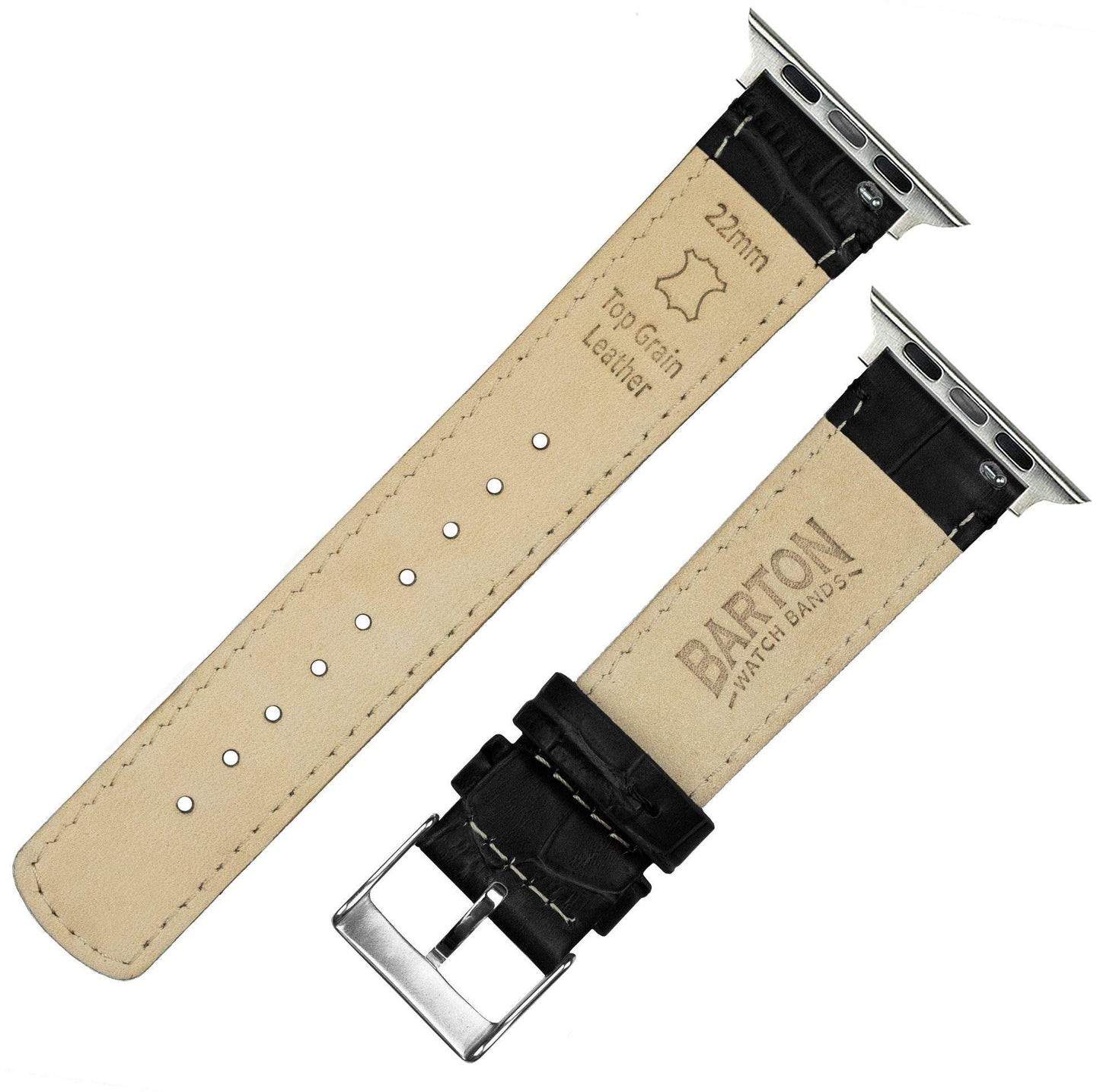 BARTON WATCH BANDS - Black & Stainless Hardware Alligator Grain Leather Watch Bands Compatible with Apple Watch Models - 1, 2, 3, 4, 5, 6, 7, 8, 9, 10, SE, Ultra & Ultra 2 - (42mm/44mm/45mm/49mm)