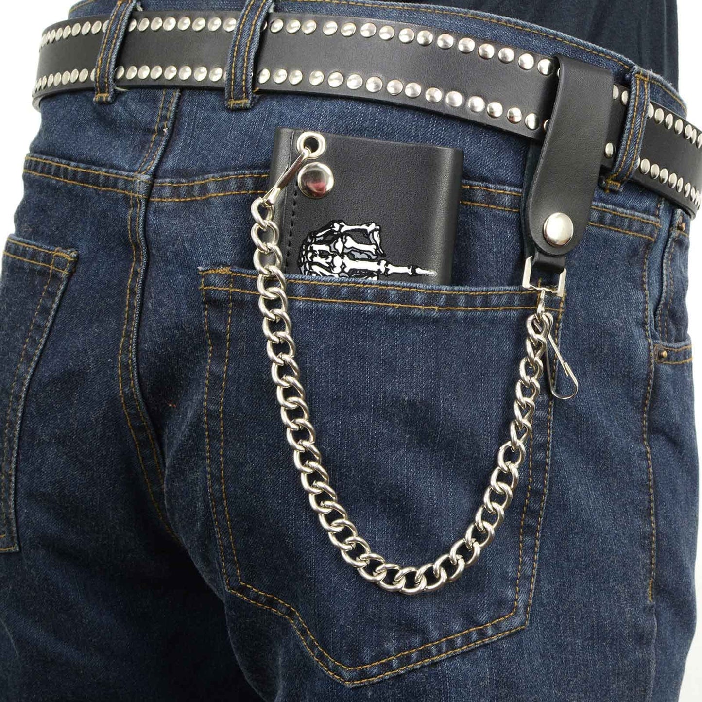 Milwaukee Leather MLW7840 Men's 4” Black Leather Biker Wallet - Tri-Fold Anti - Theft Stainless Steel Chain w/Skeleton Finger - One Size