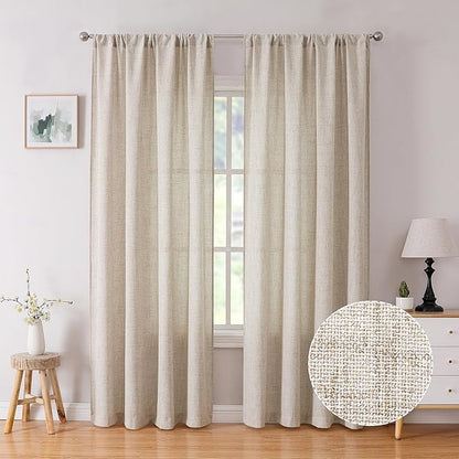 Tollpiz Linen Curtains Bedroom Rod Pocket Semi Sheer Curtain Burlap Light Filtering Thick Linen Drapes for Living Room, 54 x 84 inches Long, Natural, Set of 2 Panels