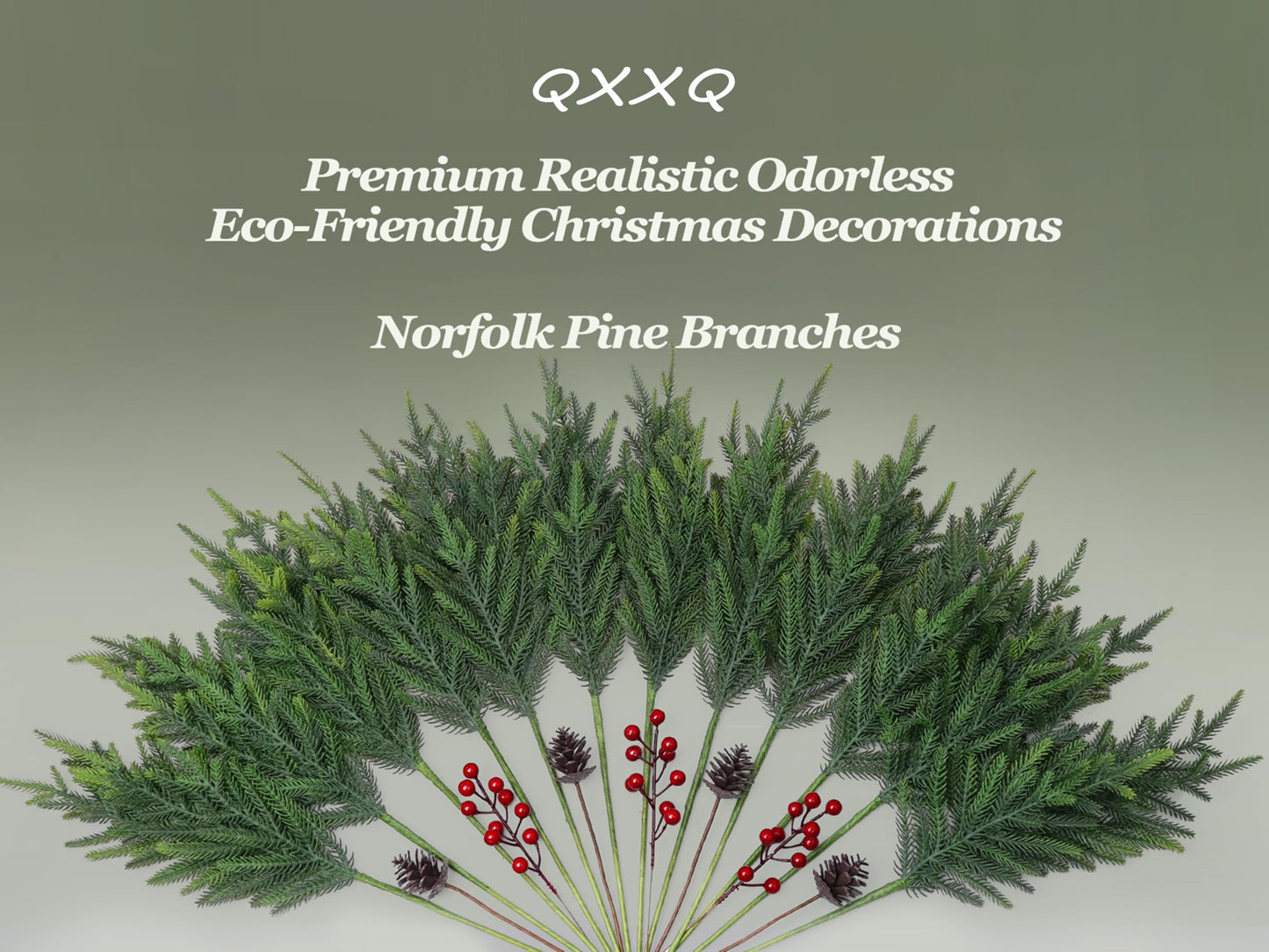 QXXQ 12-Piece Set 24" Artificial Norfolk Pine Branches - Christmas Decorations - Faux Christmas Greenary - Faux Norfolk Pine Stems for DIY Crafts Garland Wreath Home Decor- Free LED String Lights