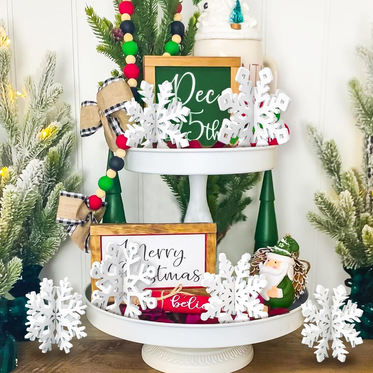 OuMuaMua 12 Set Winter Christmas Centerpiece Table Decorations - 24pcs Wooden Snowflakes Decor 3D White Snowflake Tabletop Decor for Xmas Holiday Tiered Tray Desk Winter Farmhouse Home Decor