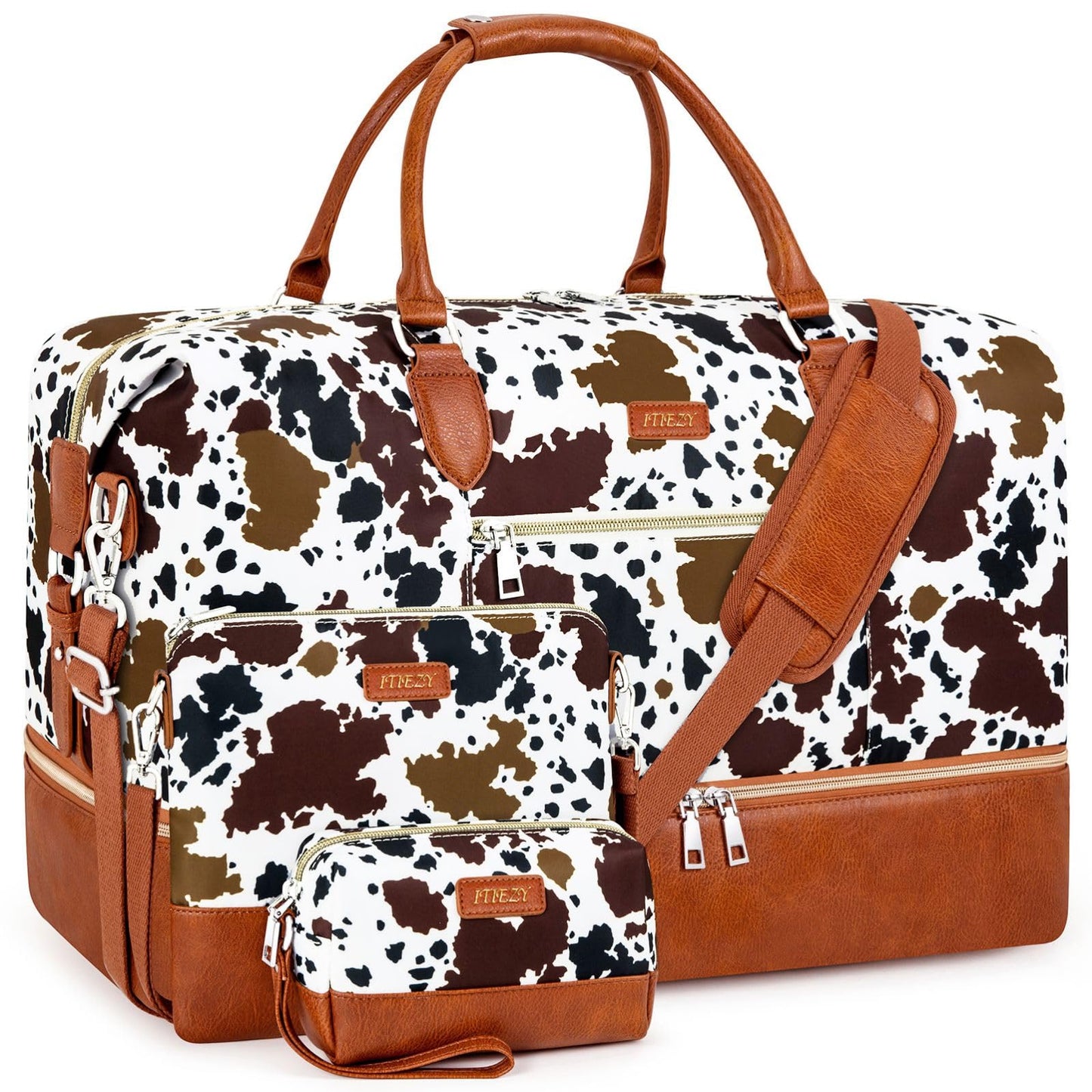Weekender Bag for Women, Travel Duffel Bag Carry On Overnight Bag with Shoe Compartment Large Nylon Travel Weekend Tote Bag, 5-Brown Cow