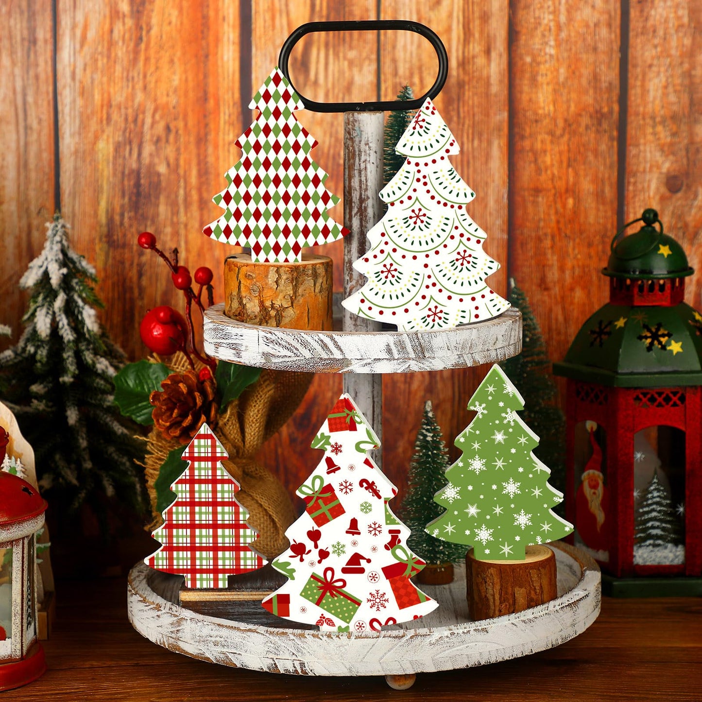 Huwena 5 Pcs Christmas Table Decoration Wooden Xmas Tree Tiered Tray Decor Centerpiece Gift Box Indoor Christmas Tree for Shelf Mantel Fireplace Home Party (Red Green White Buffalo Plaid)