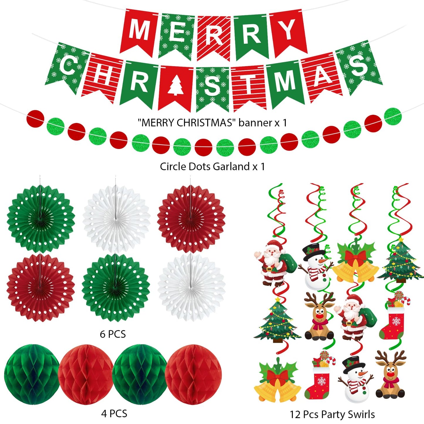 25pcs Christmas Party Decorations Merry Christmas Banner Paper Fan Garlands String Circle Dot Honeycomb Ball Swirl Streamers Snowman Santa for Xmas Decorations Indoor Home Decor