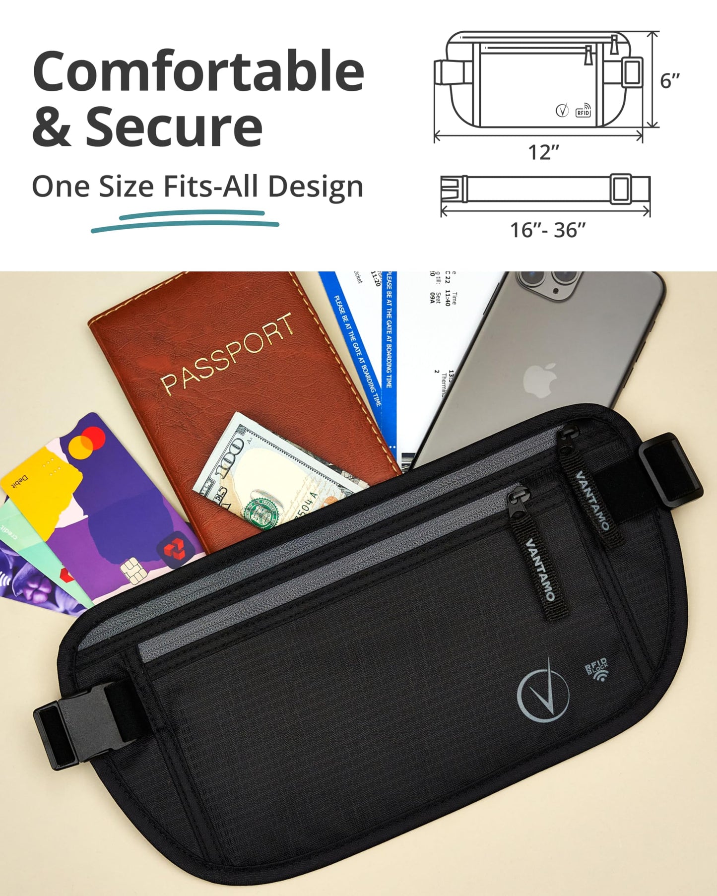 Vantamo Hidden Money Belt For Extra Safety, RFID Protected Ultra-Thin Fanny Pack, 2 Compartment Money Bag Fits Passport & Phone to Protect Valuables, Black Fanny Pack for Traveling & Hiking