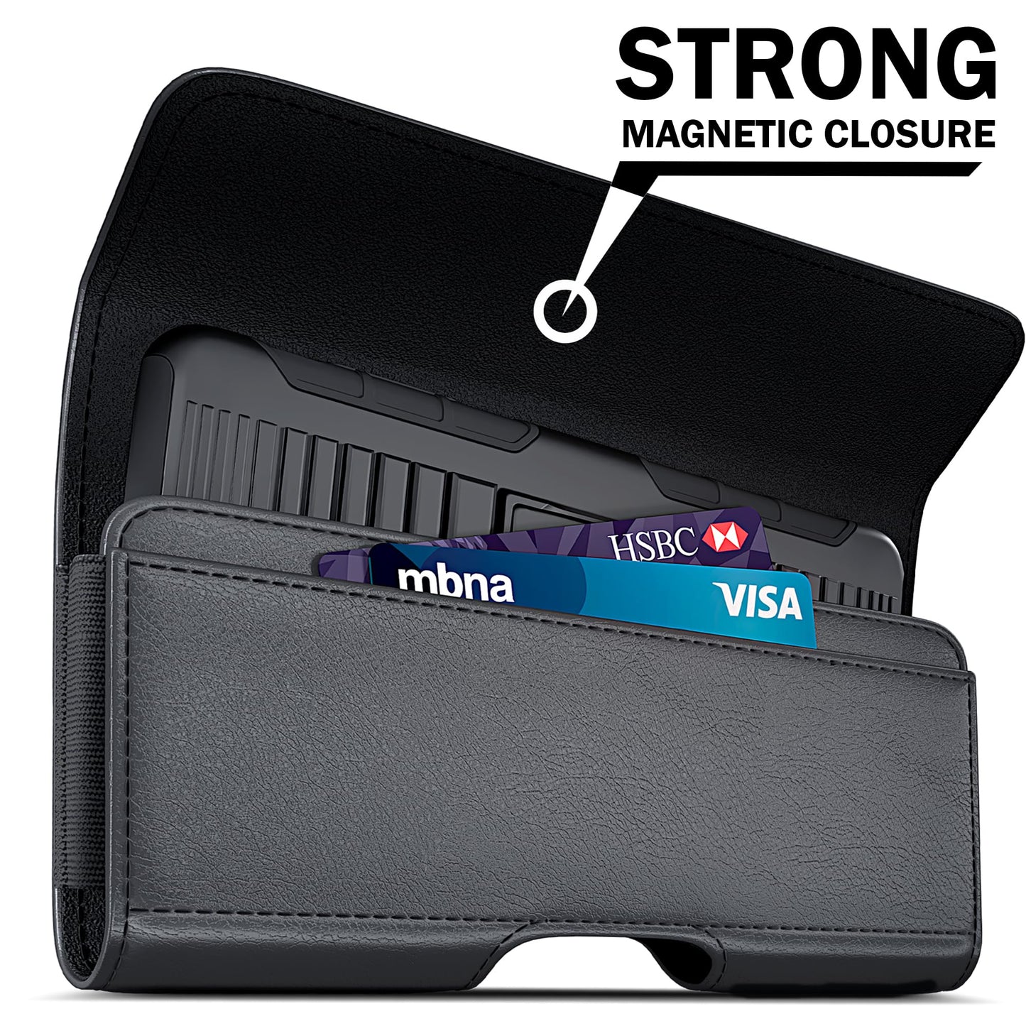DeBin Cell Phone Case for iPhone Pro Max, Plus Models 16/15/14/13/12/11/Xs Max - Leather Belt Clip Holster with ID/Credit Card Pouch, Magnetic Closure - Black