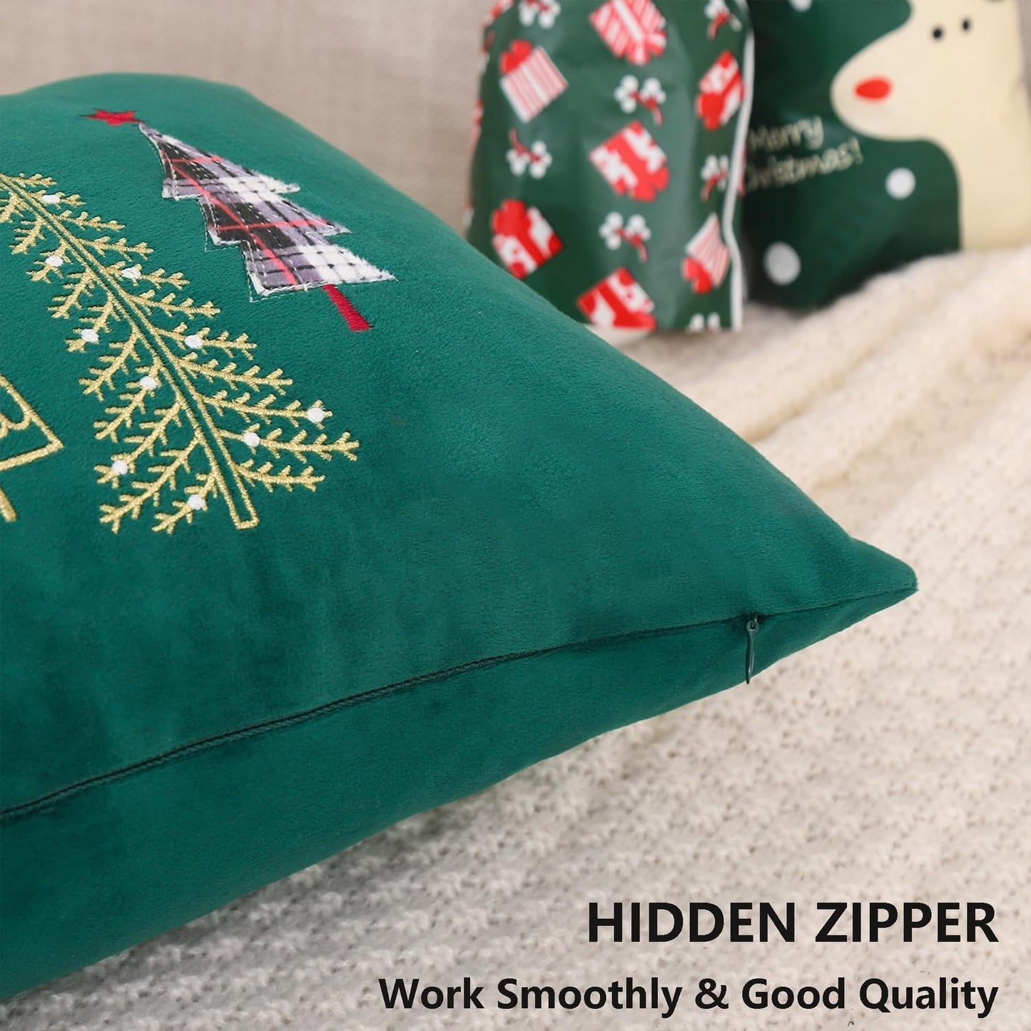 Tosleo Christmas Embroidery Throw Pillow Covers 24 x 24 inch Set of 2 Xmas Dec Velvet Pillowcases Forest Green Christmas Trees Cushion Pillow Cases Soft Square Holiday Pillowcase