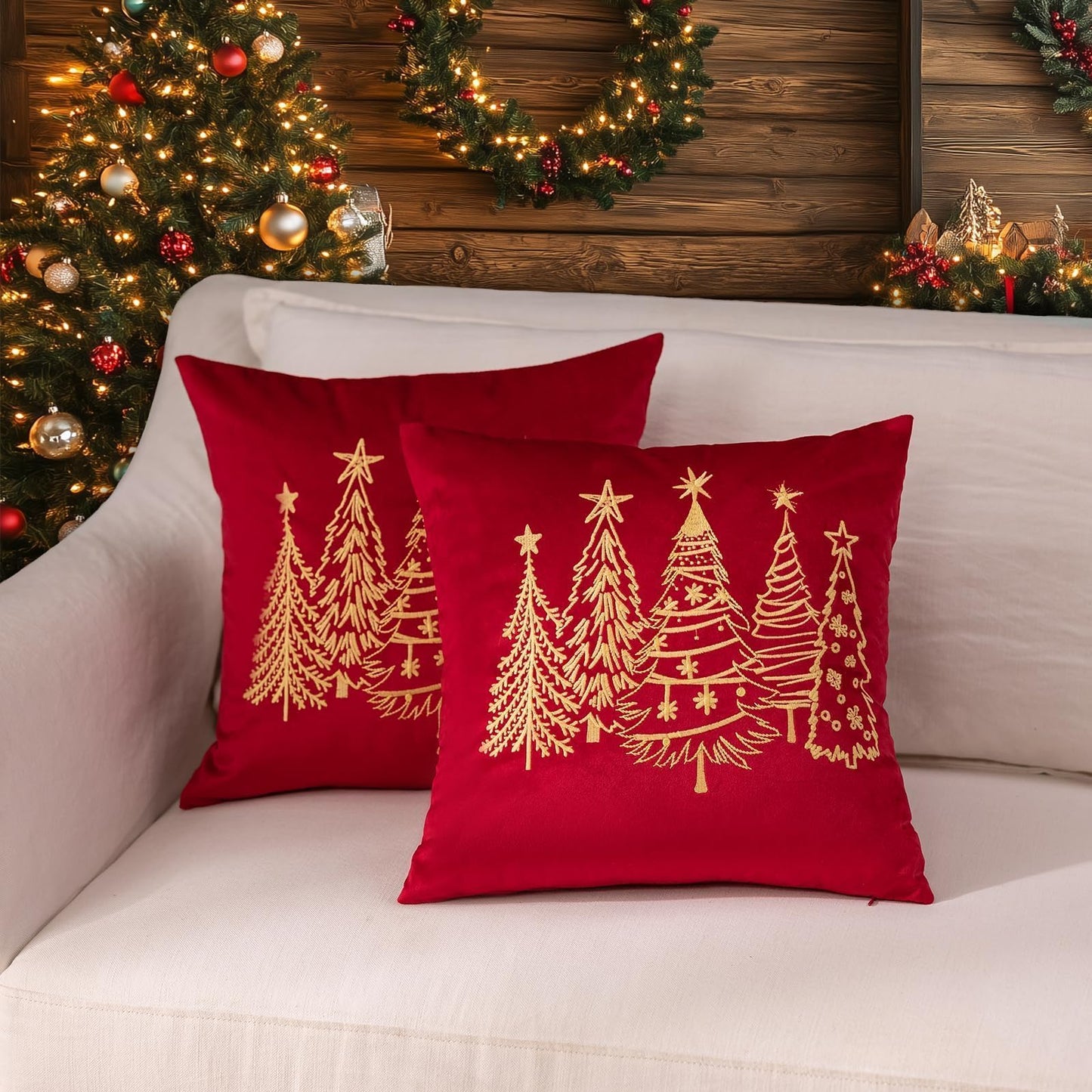 GEEORY 2-Pack Embroidered Luxurious Velvet Christmas Tree Pillow Covers, Xmas Decorations Farmhouse Throw Pillows Winter Holiday Decor Cushion Case for Sofa & Bed Red Gold GX008-18