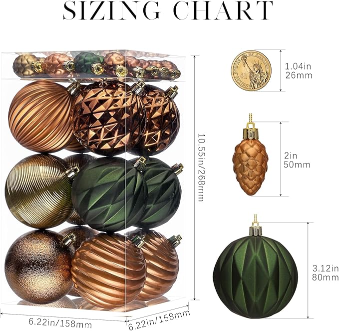 JORNOY Earth Tone Christmas Tree Ornaments - 3.12inch/80mm Shatterproof Ornaments for Christmas Tree Set Plastic Decorative Hanging Balls Ornaments for Xmas Tree Decorations, 32ct (Earth Tone)