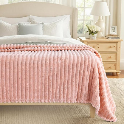 decorUhome Soft Fleece Pink Throw Blanket for Couch, Cozy Fluffy Plush Flannel Striped Blanket for Sofa Bed, Lightweight Decorative Ribbed Fuzzy Blanket for Woman, 50x60 Inches